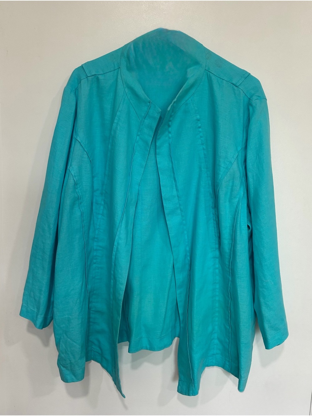 Chico's Bright Turquoise 100% Linen open front jacket sz 4